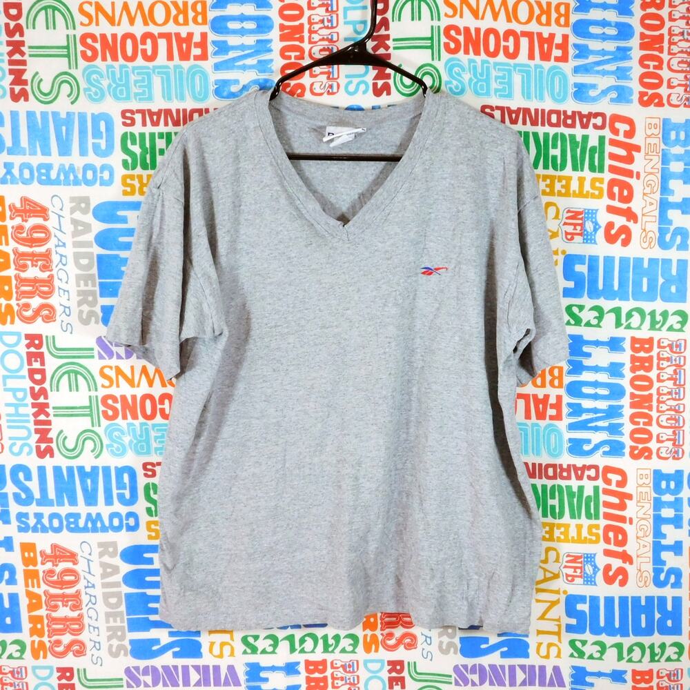 Vintage 90s Reebok V Neck T Shirt Size L Gray Embroidered Logo